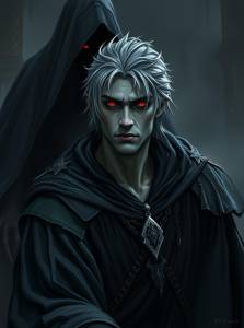 a man with red eyes and a black robe