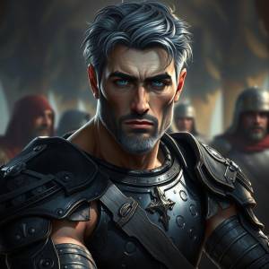 a man in armor with other men in background