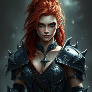 a woman in armor with red hair