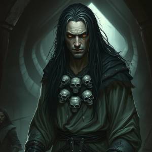 a man with long black hair and skulls on his chest