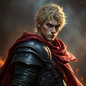 a man in armor with red cape